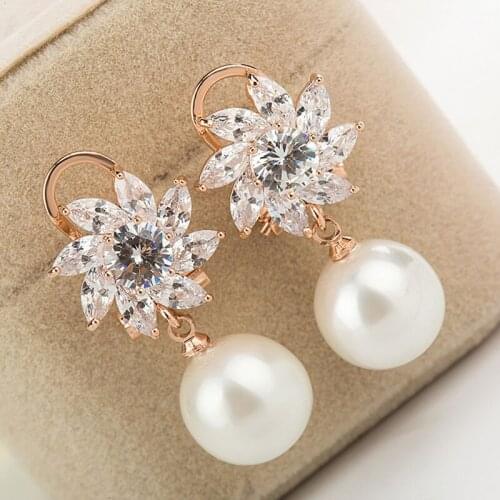 SLBRIDAL Fashion Jewelry Bijoux Anti-allergic Simulated Pearls Hook Earrings Charm Drop Earrings Women Rose Gold Dangle Earrings