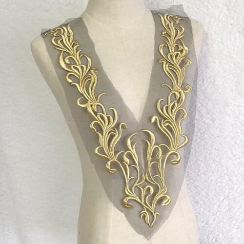 Large golden embroidery patches for clothing DIY embroidered collar parches appliques for dresses decoration parch ropa