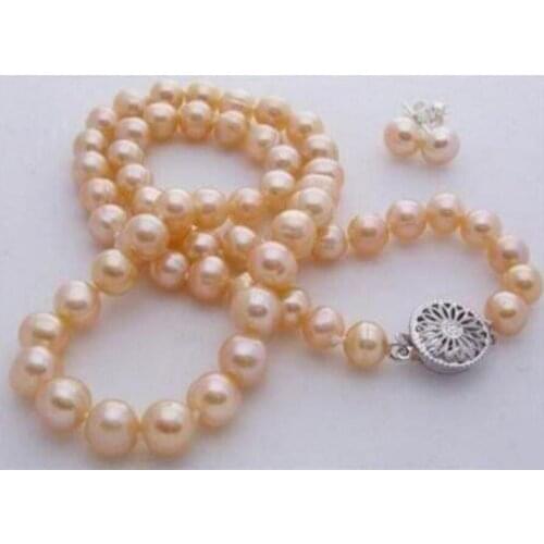 New hot Natural 7-8mm pink akoya cultured pearl necklace earring Jewelry Set 18"