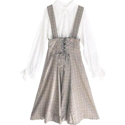 Biscuit Bear Japanese Sweet Autumn High Waist Bowknot Lace Lolita College Style Suit Mori Girl Dress Set Shirt + Dresses Outfit