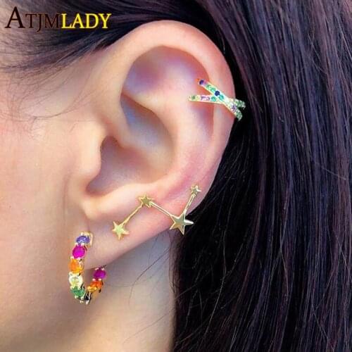 High quality colorful rainbow cz round Hoops Earring Simple Lovely Girls Huggies Small Skinny Boho Classic jewelry
