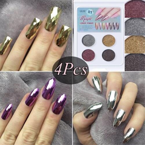 4Pcs/set Mirror Powder Metallic Color Nail Glitter Holographics Nail Art UV Gel Polishing Chrome Flakes Pigment Dust Decorations