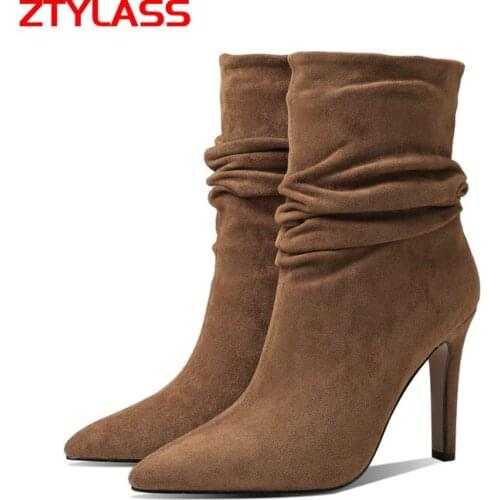 2021 Autumn Winter Women Boots Fashion Slip On Pleated Faux Suede Boots Sexy Thin High Heel Pointed Toe Shoes Woman Plus Size