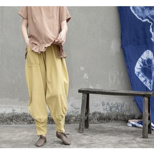 Women Loose Solid Color Cotton Linen Harem Pants Ladies Elastic Waist Wrinkle Patchwork Harem Trousers Female Pants 2020