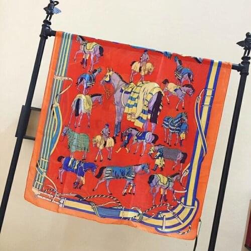 2020 New Women Silk Scarf Shawls and Wrap Summer Horse Print Silk Hijab Long Scarves Ladies Pashmina Foulard Femme Stoles Orange