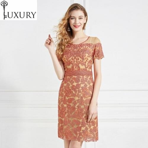 Vestidos XXXL 2020 Dresses Spring Summer Party Cocktail Womens O-Neck Allover Tulle Lace Embroidery Bodycon Dress Tight