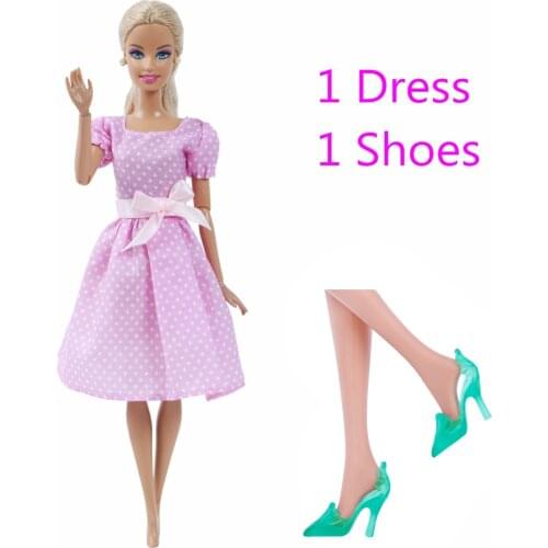 2 Pcs/Lot = 1x Pink Doll Dress Wedding Party Gown + 1x Green High Heels Shoes Clothes for Barbie Doll Accessories Baby Girl Toy