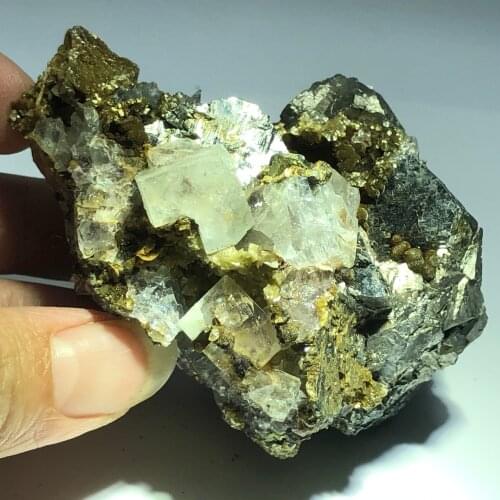 278gNatural transparent fluorite and arsenopyrite crystal mineral specimen healing ring vein stone home decoration