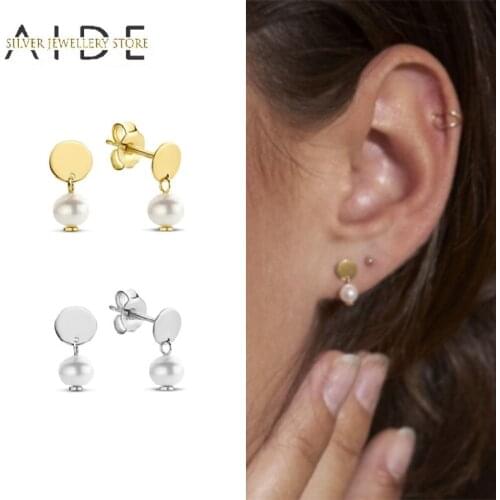 AIDE Geometric Round Stud Earrings for Women Exquisite Pearls pendientes 925 Sterling Silver Earrings Fine Jewelry kolczyki