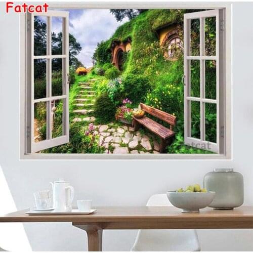 5D Diy Diamond Painting window view Cross Stitch full Square Diamond Embroidery Hobbit Village scenery picture room Decor PP1333