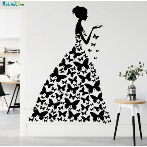 Butterfly Evening Dress Wall Decal Beautiful Girl Window Sticker Beauty Salon Woman Face Fashion Style Clothing Handmade YT4653
