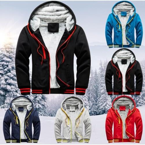 Baseball Uniform Sports Hooded Jacket Mens Winter Plus Velvet Hoodie Ribbed Long Sleeve Solid Color Cotton-padded Coat Outwear