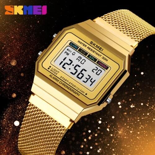 SKMEI Brand Watch Fashion Digital Watch Luxury Gold Mesh Belt Wristwatch LED Light Stopwatch Clock Mens Watches 30M Waterproof