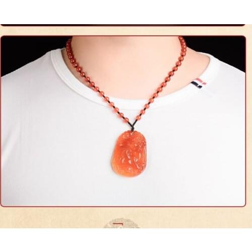Wonderful agate Pi Xiu Pendant Carven Lucky beast carnelian Amulet with Mala bead hanging