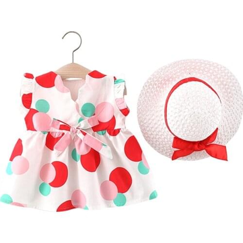 Dot Printing Kids Dresses Baby Girls 2021 Summer New Fashion Sweet Broken Flower With Hat Beach Holiday Children Girls Dress