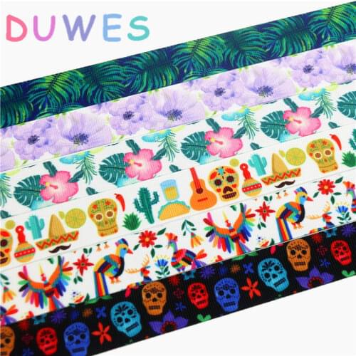 DUWES 7/8'' Free shipping mexico skull flowers coco printed grosgrain ribbon Accessory hairbow headwear DIY decoration 22mm D739