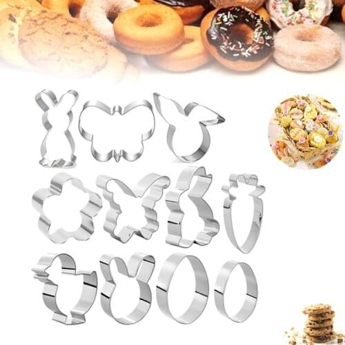 11pc Stainless Steel Cookies Mold 3D Rabbit Carrot Egg Bird Flower Butterful Round Shape Baking Mould for Christmas Buscuit Cake
