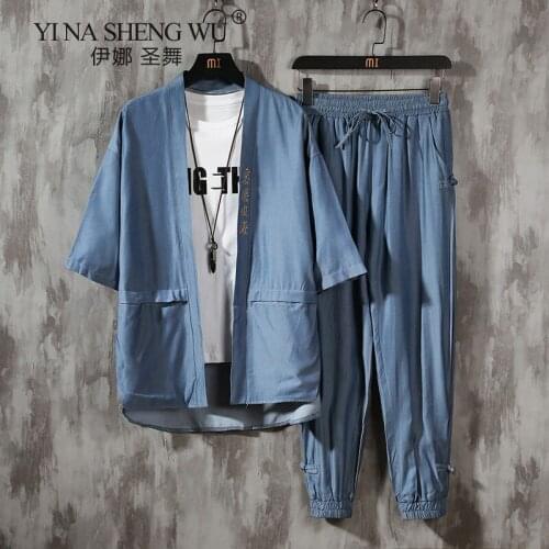 Japanese Kimono Summer Set Cotton And Linen Cardigan Mens Loose Thin Harajuku Style Fashion Embroidery Printed Kimono Clothing