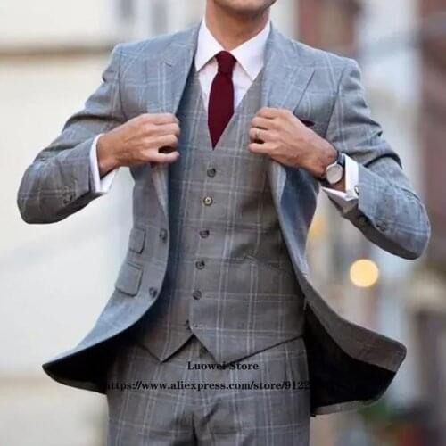 Classic Big Plaid Mens Suits Casual Formal Business Blazer Vintage Wedding Groom 2 Piece Sets Costume Homme (Jacket+Vest+Pants)