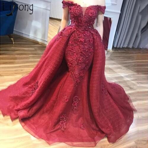 Abiye Dubai Red Lace Beaded Mermaid Prom Dresses 2019 With Detachable Train 3D Flower Evening Gowns Off Shoulder Abendkleider