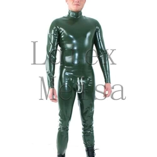 Olive green color latex zentai mens catsuit with shoulders zippers & cod piece & zip to ass