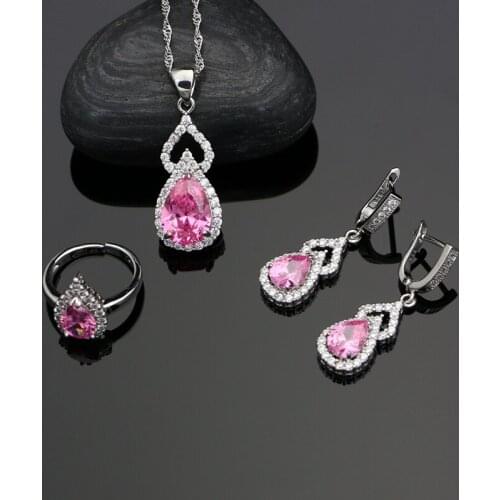 Natural Pink Cubic Zirconia White Crystal 925 Silver Jewelry Sets For Ladies Weeding Earrings Silver Flower Bride Necklace Set