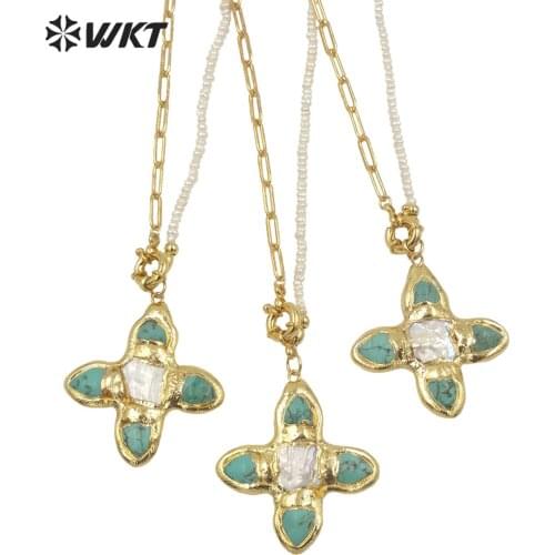 WT-JN150 Wholesale new fashion trendy turquoise cross shape pearl pendant necklace resistarnish gold electroplated turquoise