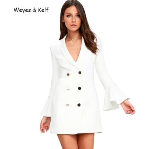 Weyes & Kelf V-neck Flare Sleeve Buttons Dress Women 2020 Black/white Casual Solid Mini Dresses Elegant Vestidos Ladies Dress