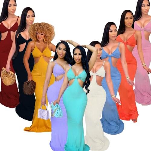 Sexy Bra Cut out Knitted Dress Women Night Party Long Floor Dresses Spaghetti Strap Crop Top Fishtail Club Dress Summer Clothes