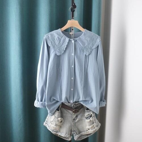 3 Colors-- Lamtrip Preppy Style Kawaii 3D Embroidery Peter Pan Collar Pleated Long Sleeve Shirt Blouse 2021 Autumn