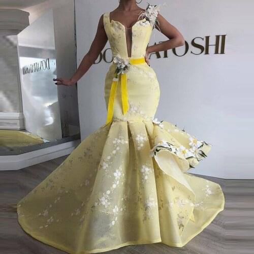 Robe de soiree Yellow Mermaid Prom Formal Dresses Lace Appliques Evening Gowns Pageant Dress Spaghetti straps Abendkleider