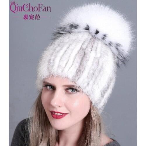 Women knitted Mink Fur Hat styles female fur Cap with fox fur pompom lining Women Winter Headwear girls hats for beanies