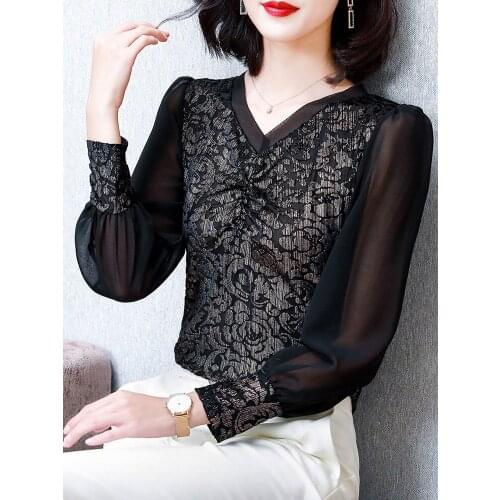 Chiffon Shirts Diamonds New 2021 Sexy printing Hollow out Mesh harajuku Shirts Elegant V-neckr Long Sleeve Women Tops