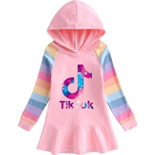 Tik Tok Girls Hoodie Dress New Dresses for Girls Cartoon Rainbow Childrens Dress Kids Casual Clothes
