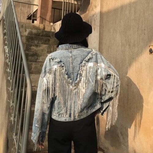 Vintage Oversized Women Jeans Jacket with Tassel 2020 Autumn Streetwear Loose Female Denim Coat Jackets Long Sleeve Outwear