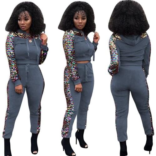 Sequins Velvet Tracksuit Women Two Piece Set Spring Autumn Clothing Hooded Sweatshirt Top and Pants Velour Suit Casual Outfits