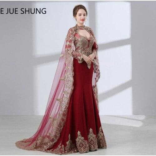 E JUE SHUNG Burgundy Arabic Mermaid Evening Dresses With Cape 2019 Long Sleeves Luxury Evening Gowns Dubai Kaftan robe longue