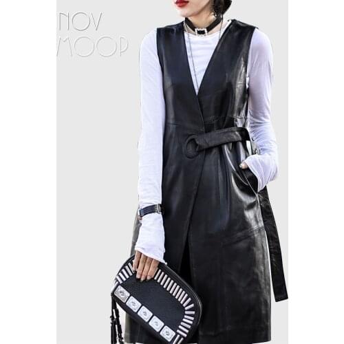 High street Black genuine leather vest real lambskin leather long trench coat veste femme chalecos mujer colete gilet LT1905