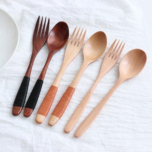 1/2 pcs Natural Wooden Spoon Fork Dinner Kit Rice Soups Utensil Cereal Handmade Home Tableware Dinnerware Cutlery For Kitchen