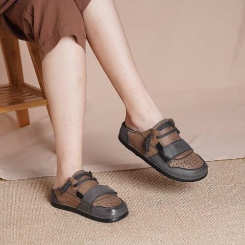 2021 Designer Shoes Color Block Summer Slippers Mori Girl Handmade Leather Shoes Grey/Red