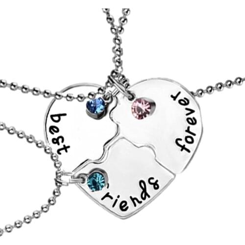 3 pcs/set Best Friends Forever Pendant Necklace Alloy Inlaid Rhinestones New Broken Heart Splicing