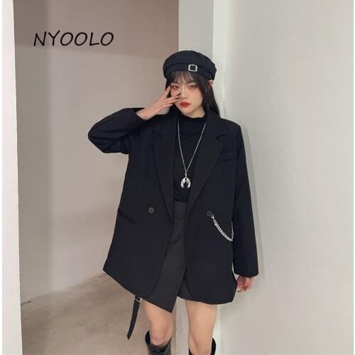 NYOOLO Harajuku Style Big Pockets Long Sleeve Chain Blazer Jacket Women Clothes Spring Autumn Office Lady OL Elegant Outwear