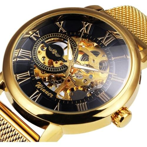 WINNER Top Brand Luxury Golden Mechanical Watches For Men Ultra Thin Mesh Strap Skeleton Classic Fashion Man Wrist Watch Relogio