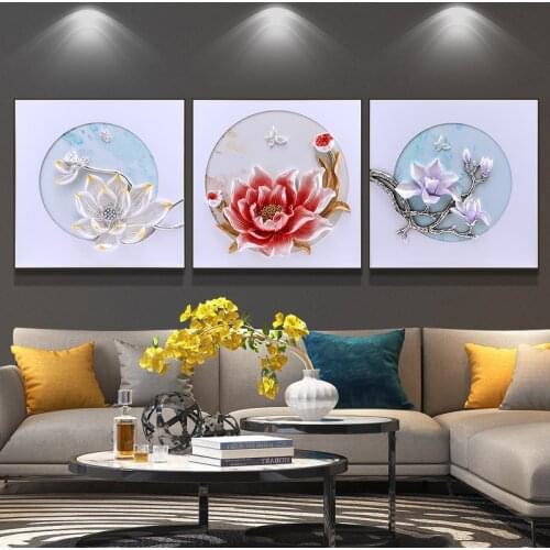 Living Room Decorative Painting Sofa Background Wall 3D Stereo Modern Minimalist Bedroom Crystal Porcelain Lotus Painting