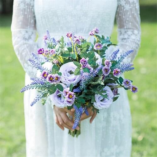 SESTHFAR Purple Boquet Fiori Sposa Wedding Bouquet Artificial Rose Dried Flowers Bridal Bouquet Wedding Bride Brooch