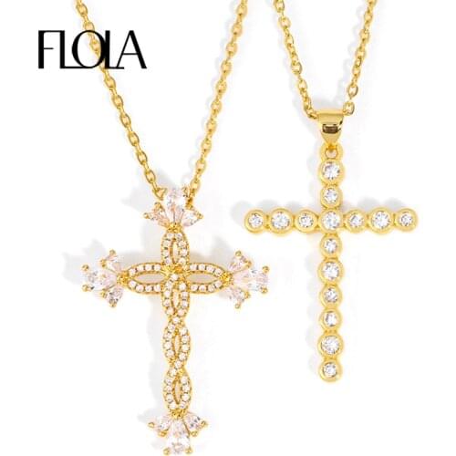 FLOLA Gold Cross Pendant Necklaces For Women CZ Crystal Zircon Infinity Cross Necklace With Stone Christmas Jewelry Gifts nkeq90