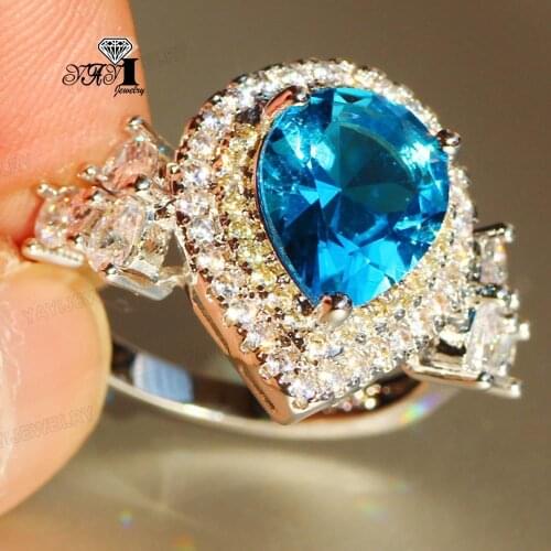 YaYI Fine Jewelry Fashion Princess Claw Set Cut Blue Cubic Zirconia Silver Color Engagement Wedding Party Leaves Gift Rings