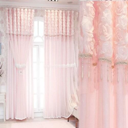 Korean 3D Rose Flower Beaded Tassel Lace Double Curtain Princess Style Semi-blackout Pink Curtain For Bedroom Wedding Room #4