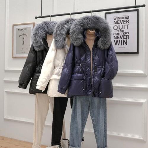 2021 Winter Women Duck Down Jacket Real Luxury Fox Fur Hooded Waterproof Patent Leather Glossy Coat Shiny Female Parkas