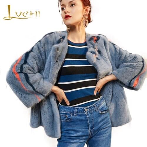 LVCHI 2019 Swan Velvet Mink Fur Coat Flare Sleeve Real Fur Coat Women Thicken Loss Short O-Neck Contrast Color Mink Fur Coats